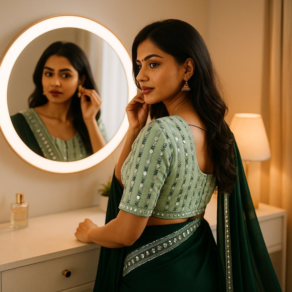 Green Georgette Saree With Readymade Blouse – Pre-Stitched Stylish Saree For Women And Girls For Women