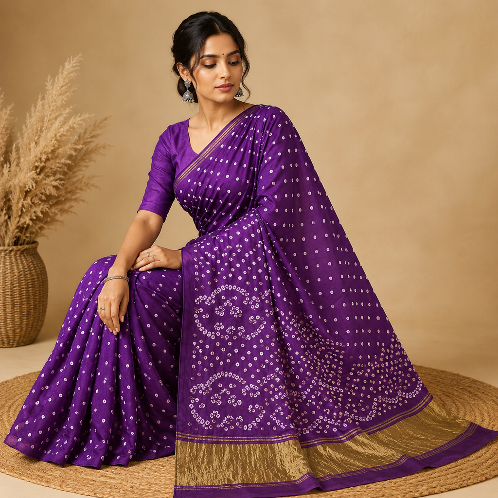 Purple Gajji Silk Bandhani Saree With Blouse – Grace Hand-Tied In Every Dot For Women