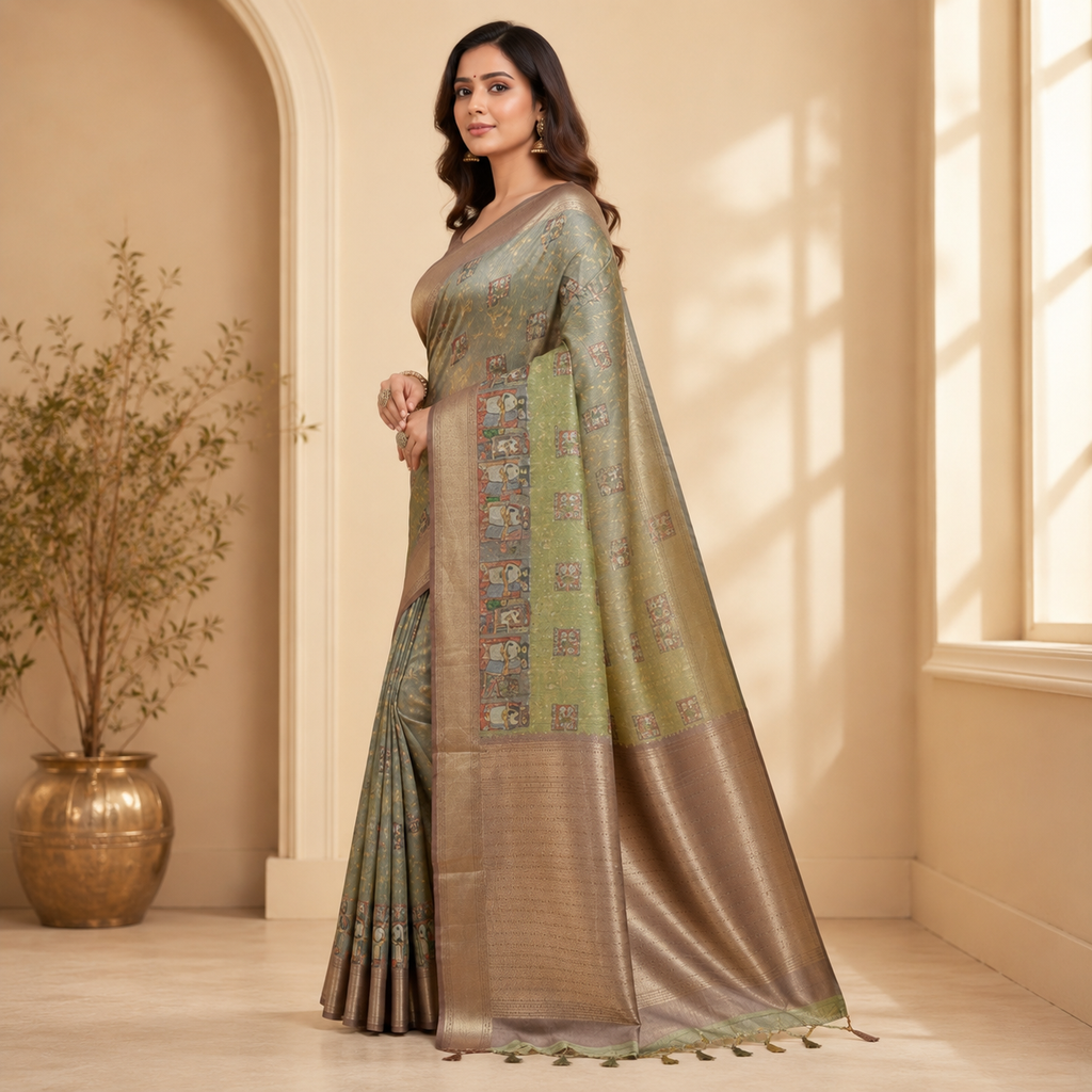 Sage Green Kalamkari Inspired Silk Saree with Antique Gold Border