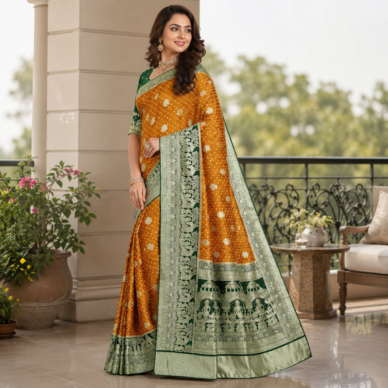 Green And Yellow Pure Heavy Kalash Satin Silk Saree With Blouse – Wedding And Festive Collection For Women