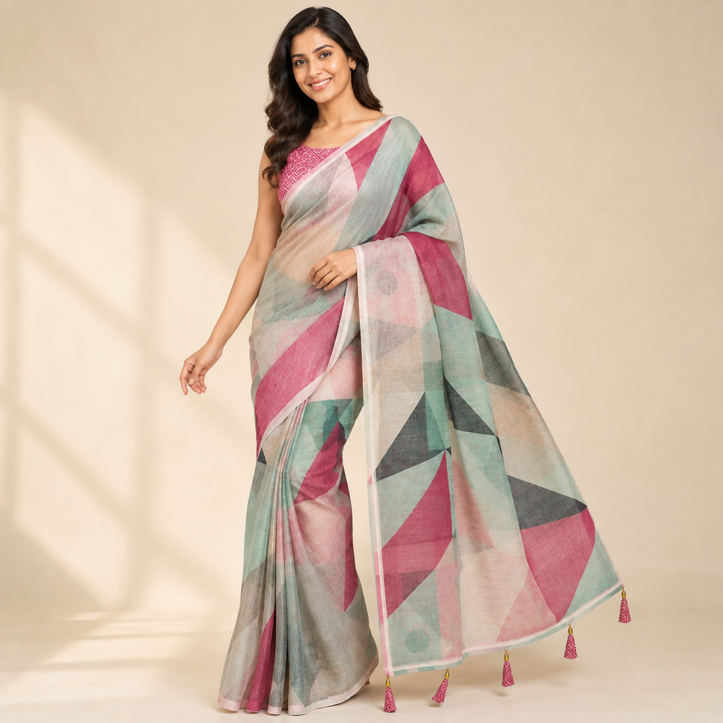 Multicolour Digital Print Linen Saree With Readymade Blouse – Vibrance, Lightness And Style In Every Drape For Women