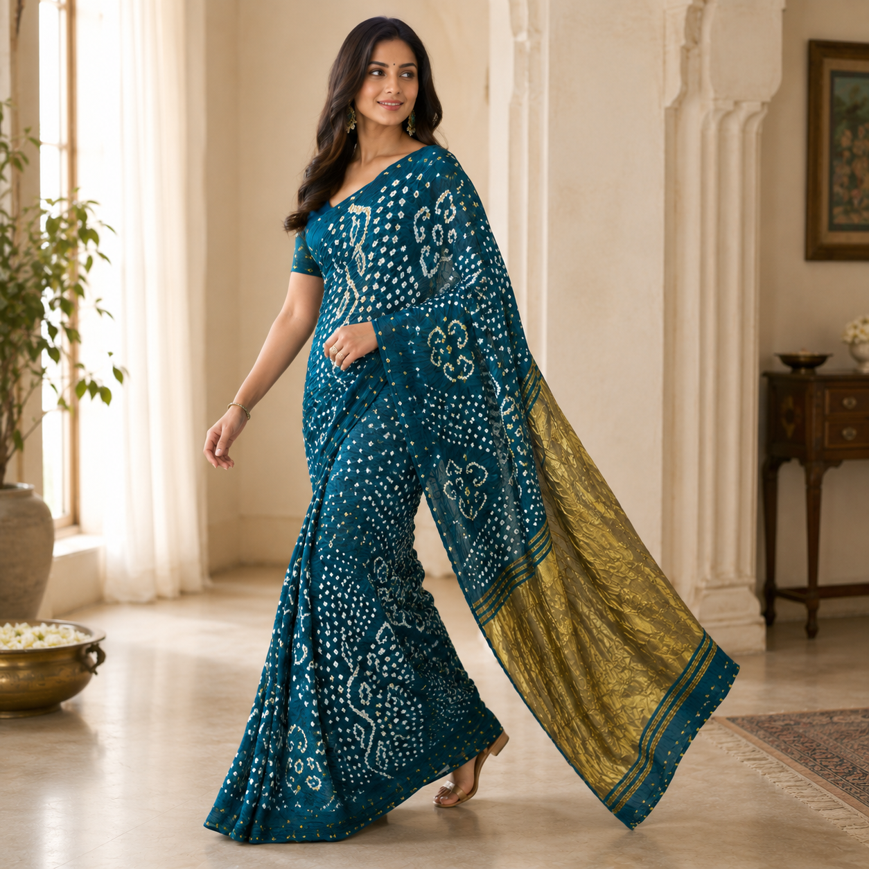 Teal Blue Bandhani Saree with Gold Pallu