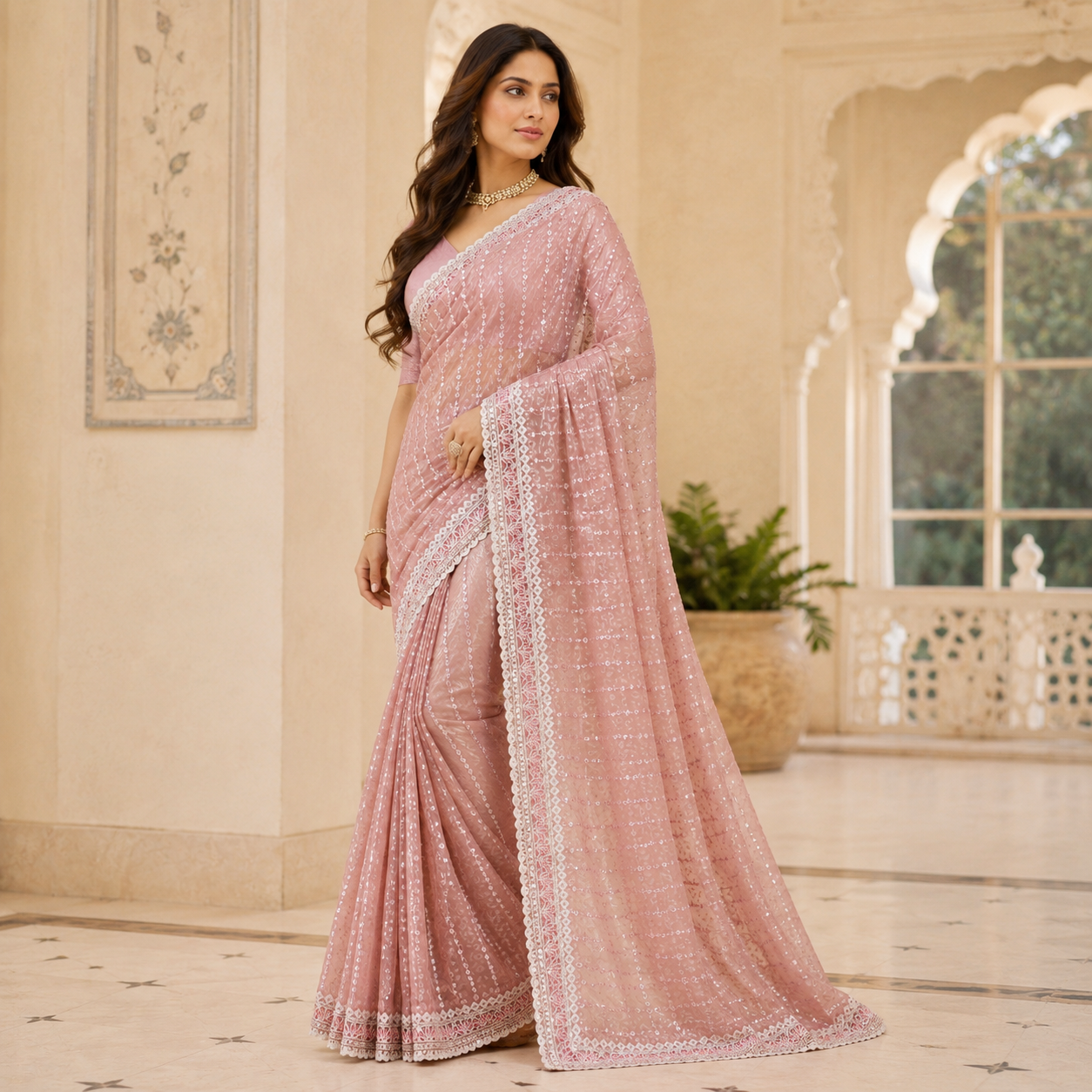 Peach Georgette Handwork Saree With Fancy Border – Where Subtle Luxury Meets Modern Grace For Women