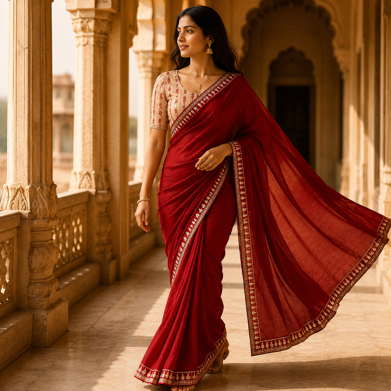 Red Georgette Saree With Readymade Blouse – Pre-Stitched Festive And Party Wear Saree For Women For Women
