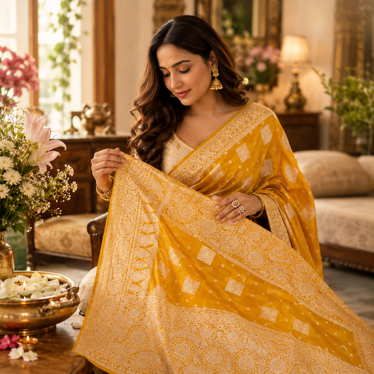 Yellow Ajrakh Kasturi Saree – The Sunshine Of Tradition For Women