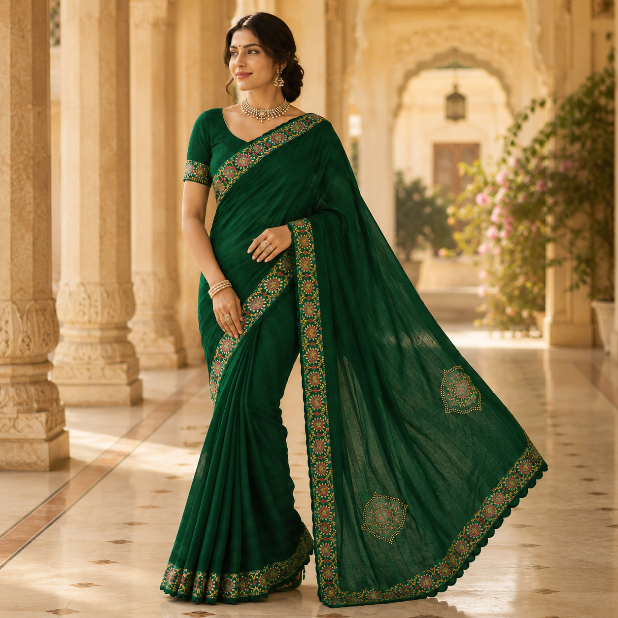Green Heavy Pattern Georgette Saree With Printed Border Andamp And Siroski Work For Women