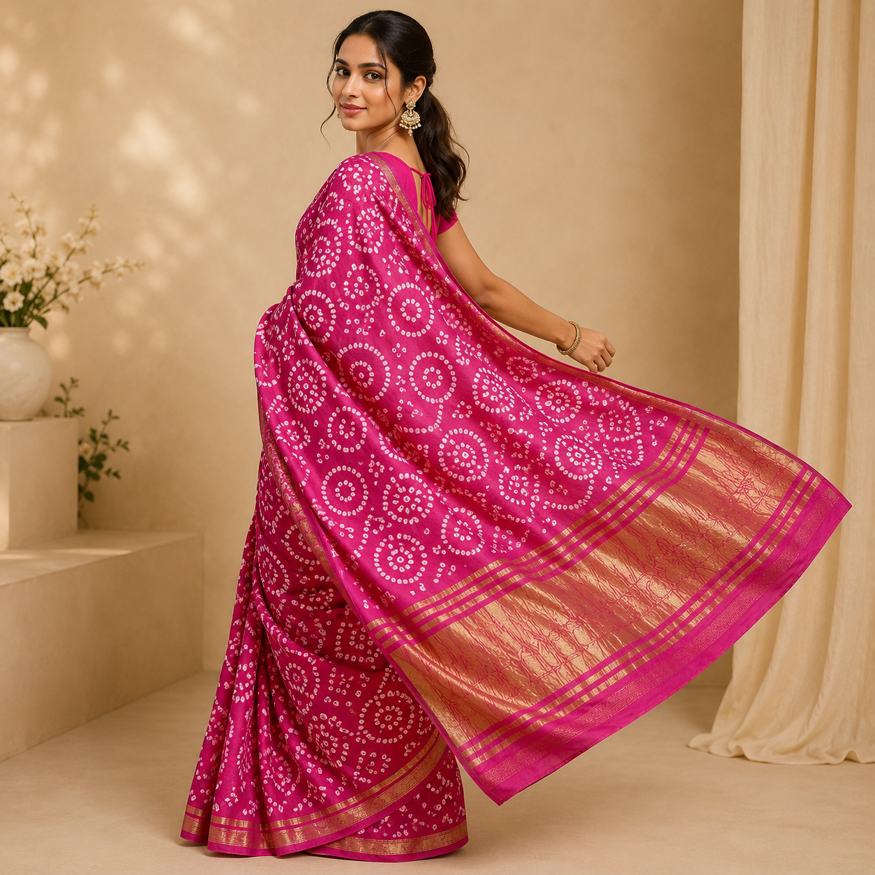 Pink Gajji Silk Bandhani Saree With Blouse – Handcrafted Elegance In Every Dot For Women