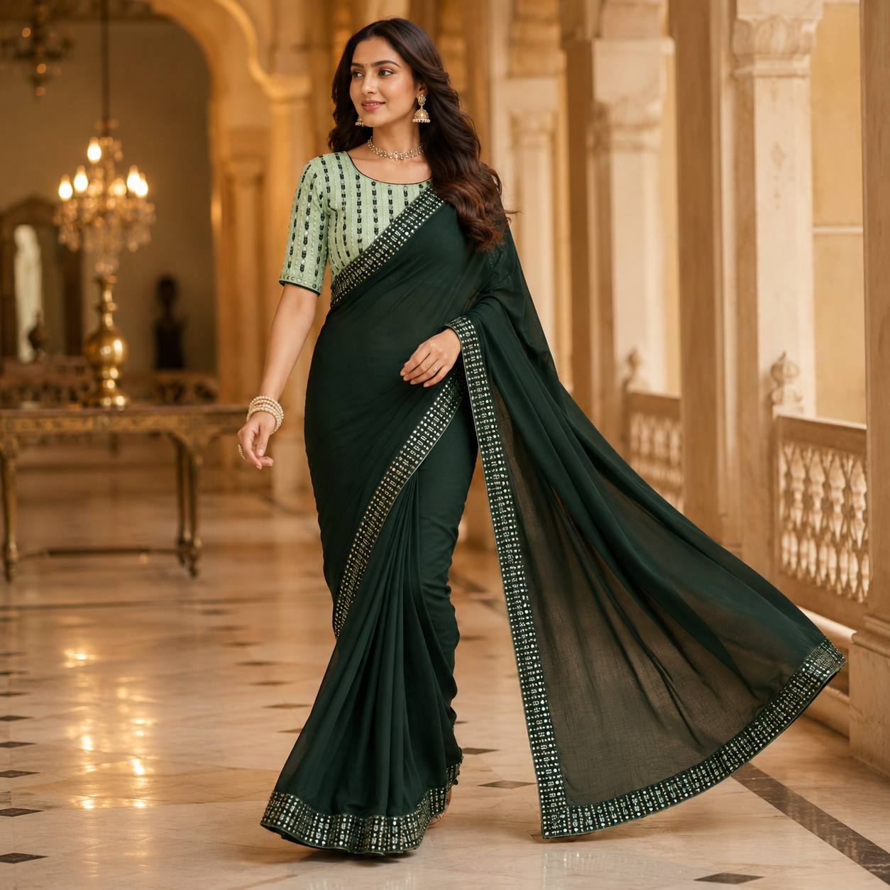 Green Georgette Saree With Readymade Blouse – Pre-Stitched Stylish Saree For Women And Girls For Women