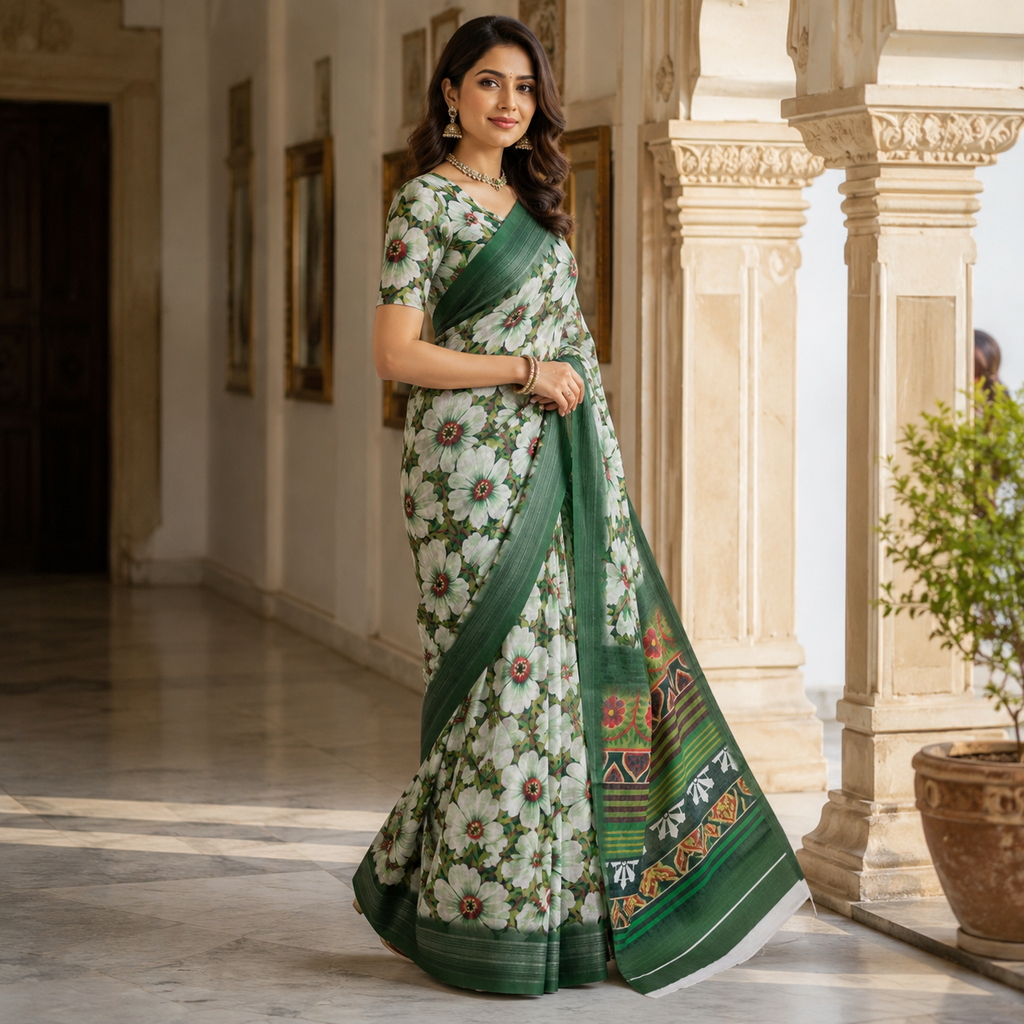 Green Digital Print Linen Saree With Readymade Blouse – Breezy, Bold And Beautifully You For Women