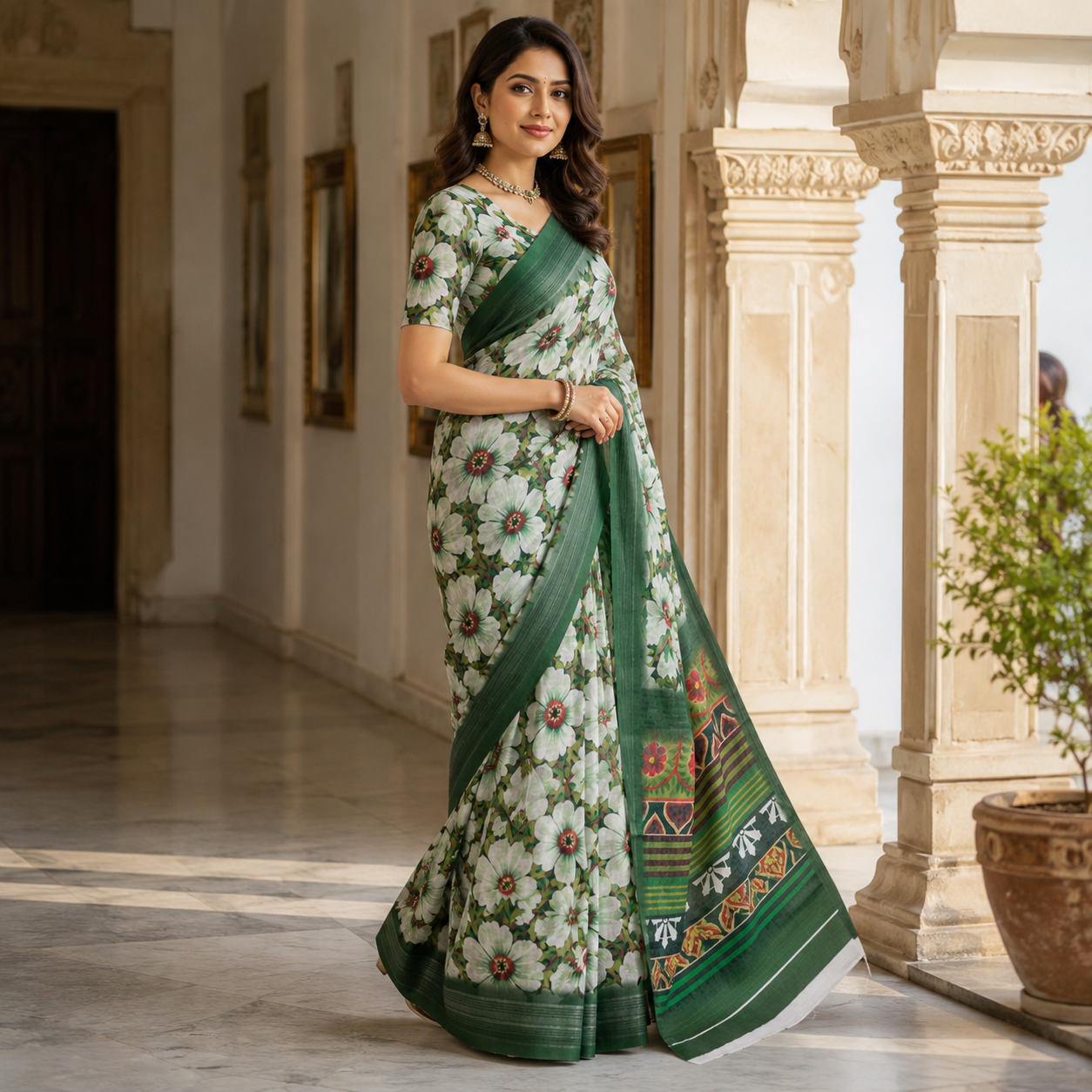 Green Digital Print Linen Saree With Readymade Blouse – Breezy, Bold And Beautifully You For Women
