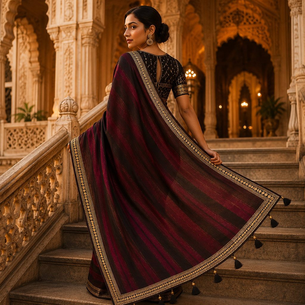 Wine Chanderi Silk Zari Crush Saree – A Regal Statement Of Modern Grace For Women