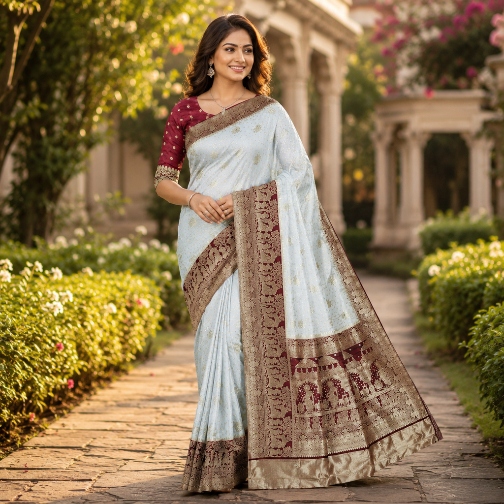 Maroon And White Pure Heavy Kalash Satin Silk Saree With Blouse – Wedding And Party Wear For Women