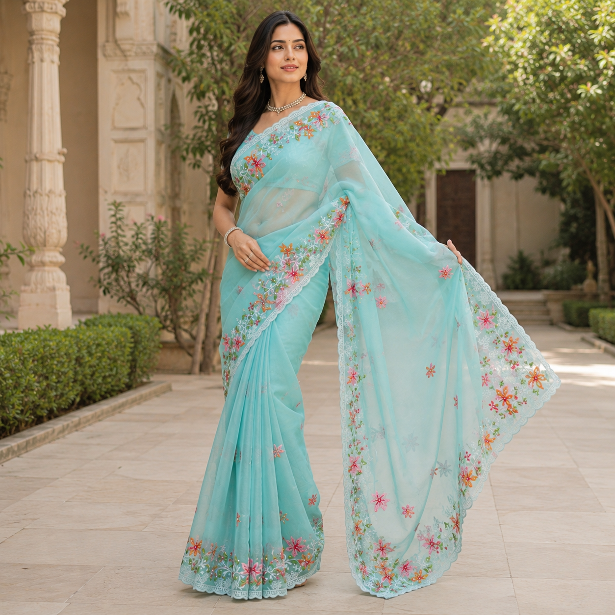 Sky Blue Organza Saree With Pearl And Embroidery Work And Blouse – Designer Wedding And Festive Saree For Women