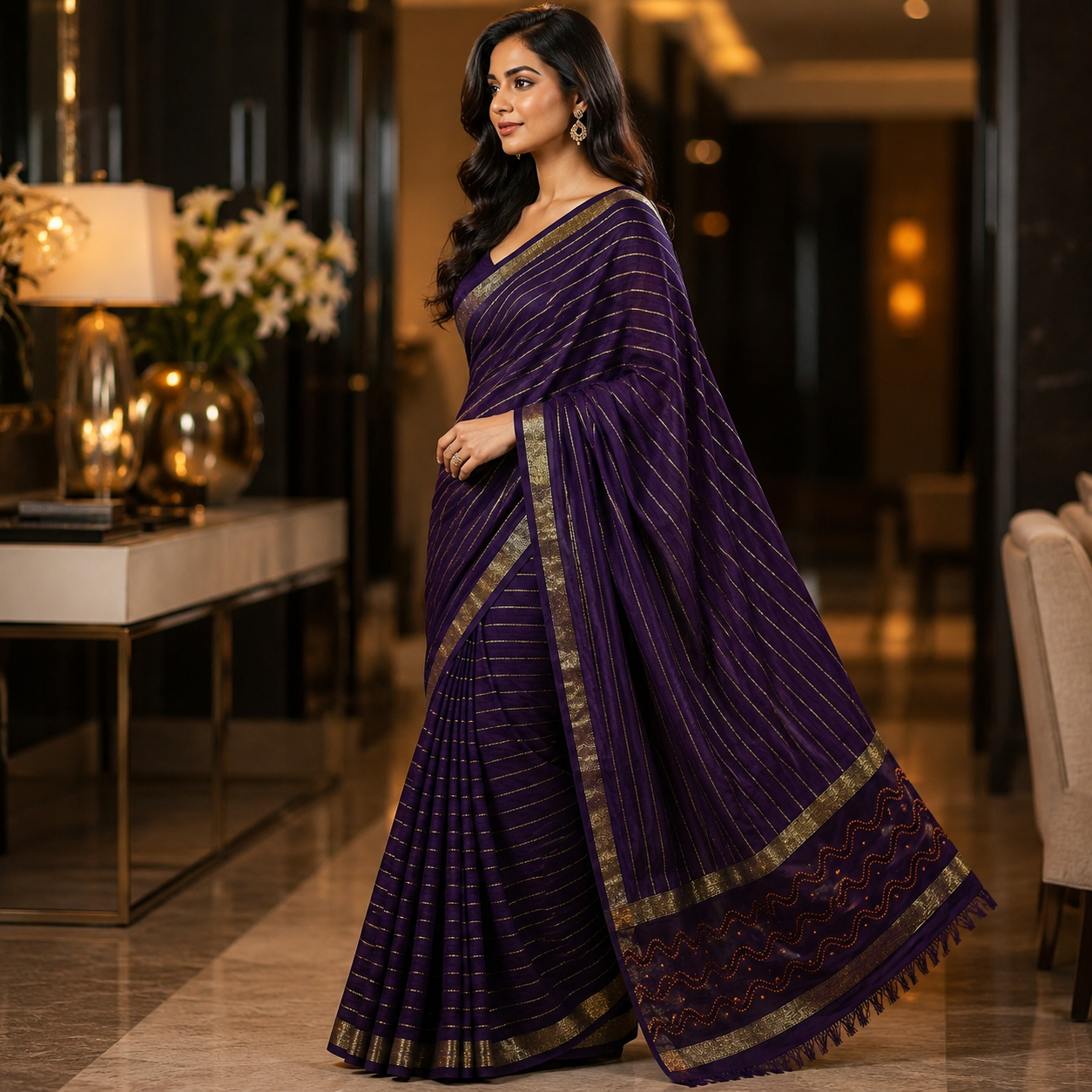 Purple Soft Georgette Weaved Silver Lines Andamp; Siroski Border Saree Designer Blouse For Women