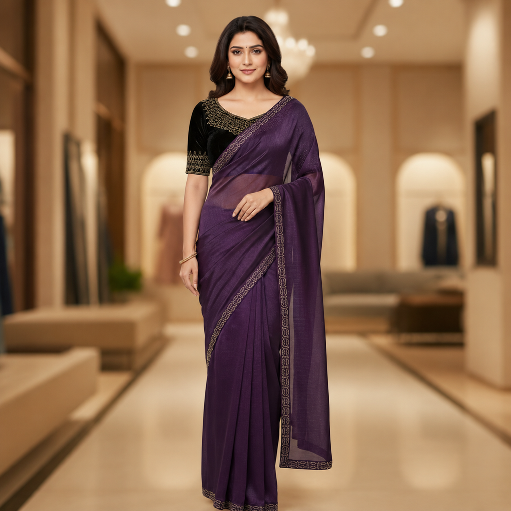 Purple Organza Saree With Velvet Blouse – A Statement Of Royal Elegance For Women