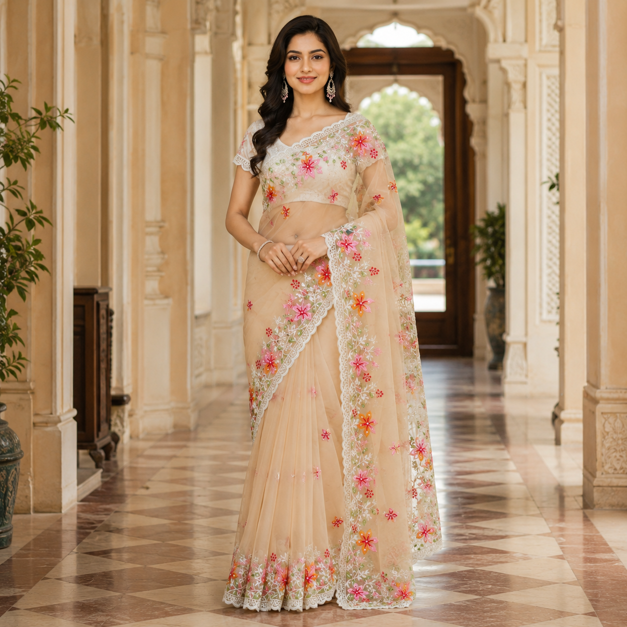 Orange Organza Saree With Pearl And Embroidery Work And Blouse – Premium Party And Wedding Wear For Women