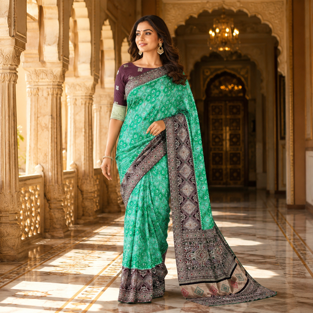 Wine And Rama Green Dola Silk Handwork Saree With Blouse – Premium Wedding And Festive Wear For Women