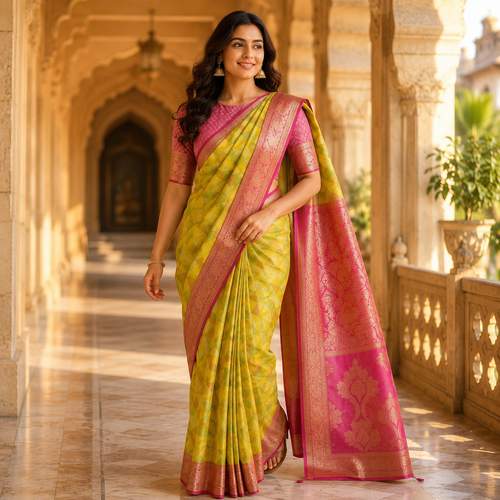 Banarasi Silk Saree With Geometric Weave And Rich Zari Border – Timeless Elegance In Every Fold For Women
