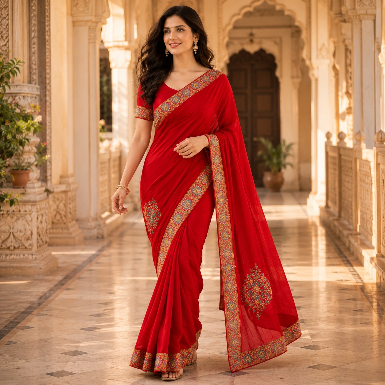 Red Heavy Pattern Georgette Saree With Printed Border Andamp And Siroski Work For Women