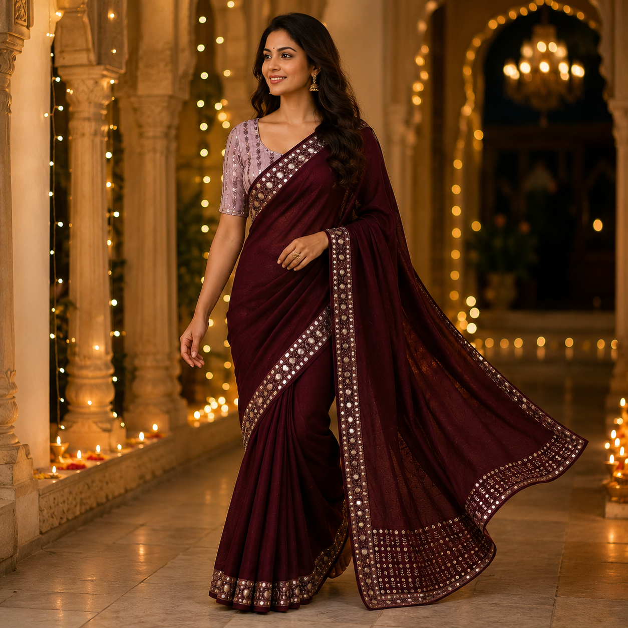 Wine Georgette Saree With Readymade Blouse – Pre-Stitched Party And Festive Saree For Women For Women