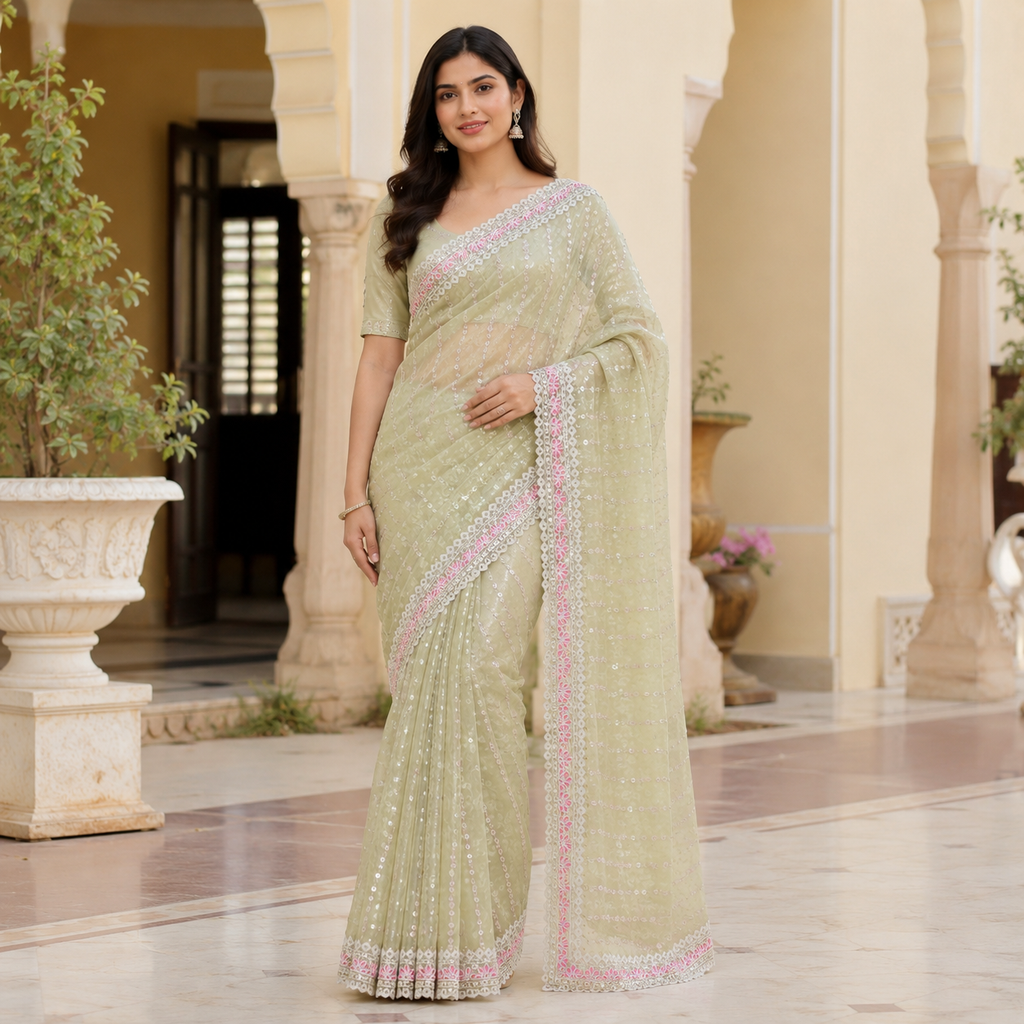Light Green Georgette Handwork Saree With Fancy Border – Soft Glamour, Everyday Grace For Women