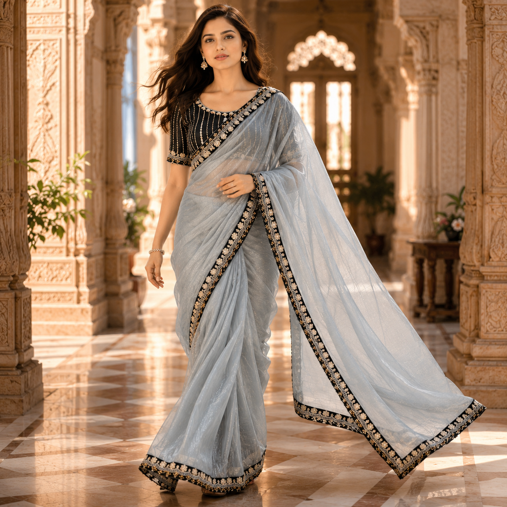 Grey Organza Saree With Gota Patti Work With Designer Blouse For Women