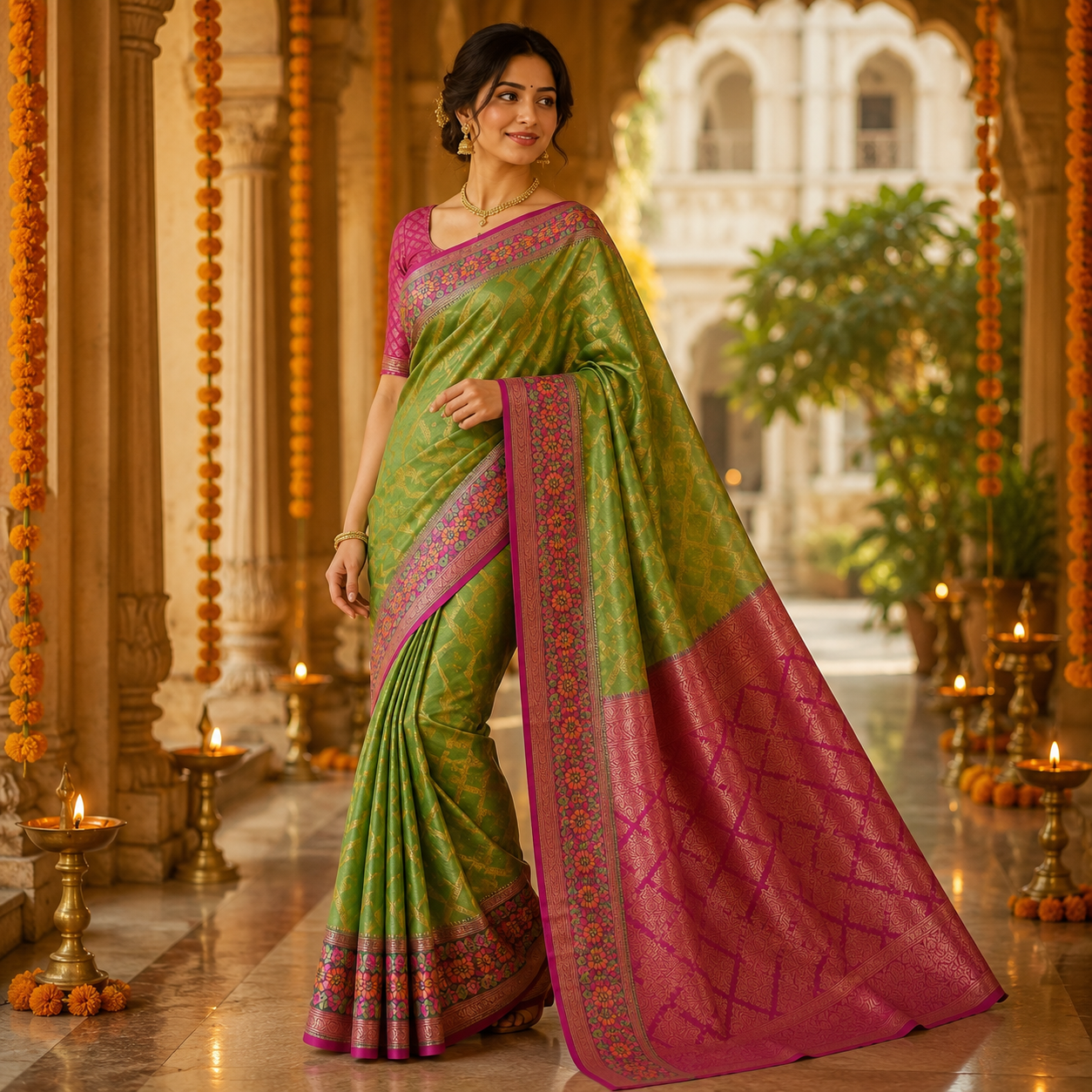 Green And Pink Banarasi Kora Silk Saree With Rich Zari - Lightweight Festive Elegance For Women