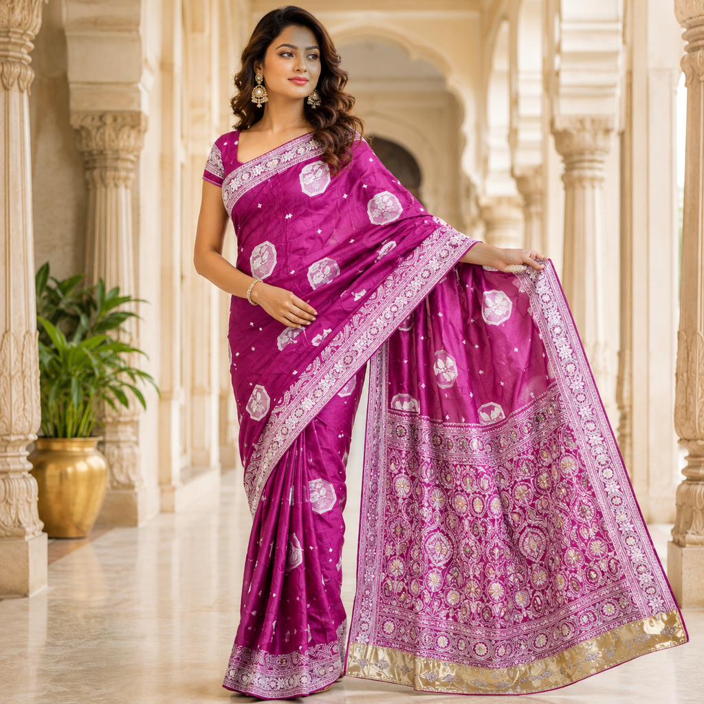 Purple Banarasi Katan Silk Saree With Silver Zari | Regal Festive Elegance For Women