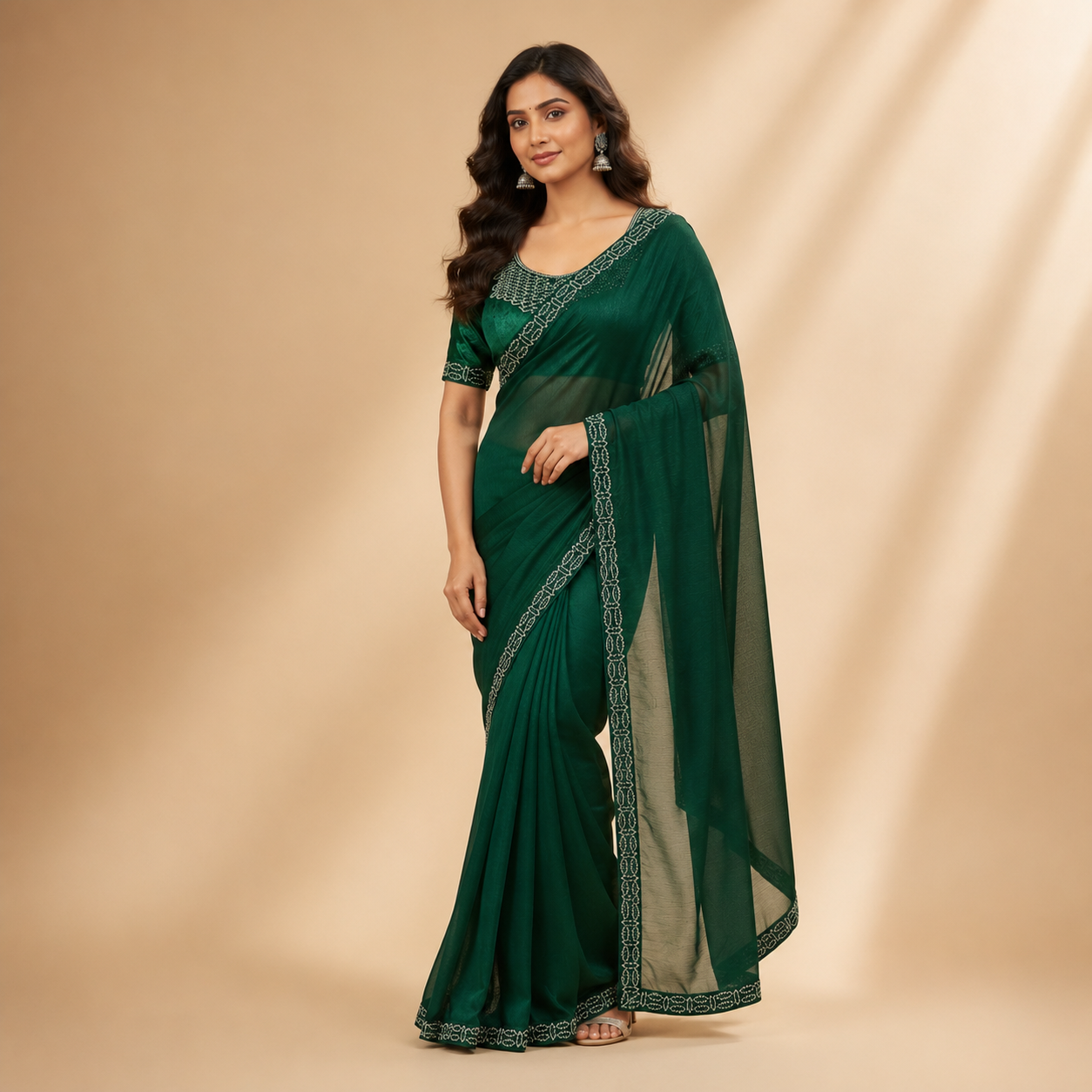 Green Organza Saree With Velvet Blouse – A Whisper Of Royalty For Women