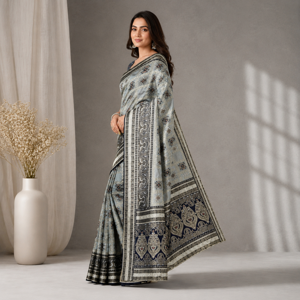Grey Dola Pure Patola Saree With Blouse – Elegant Wedding And Festive Wear For Women