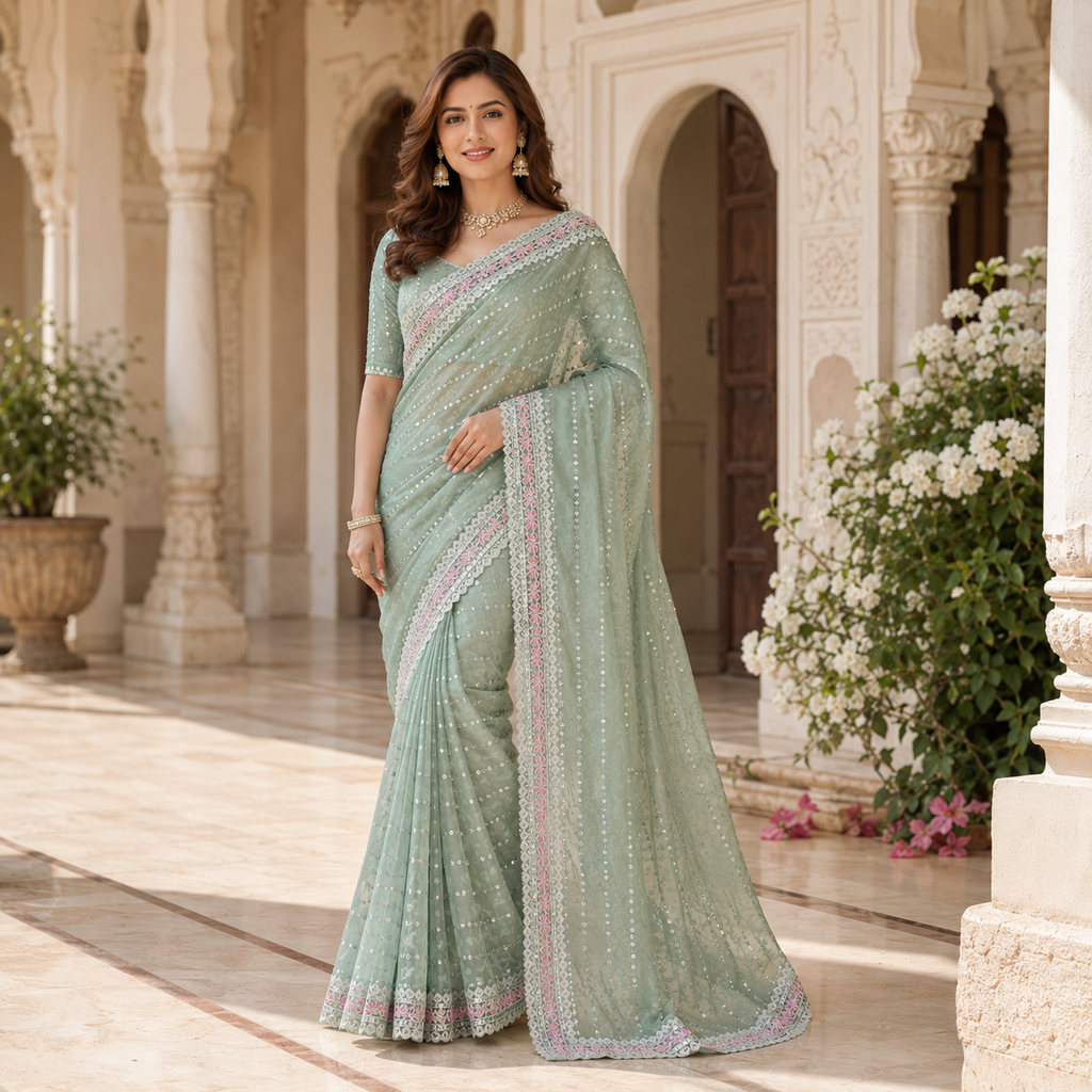 Pista Green Georgette Handwork Saree With Fancy Border – Light, Luxe And Lovingly Crafted For Women