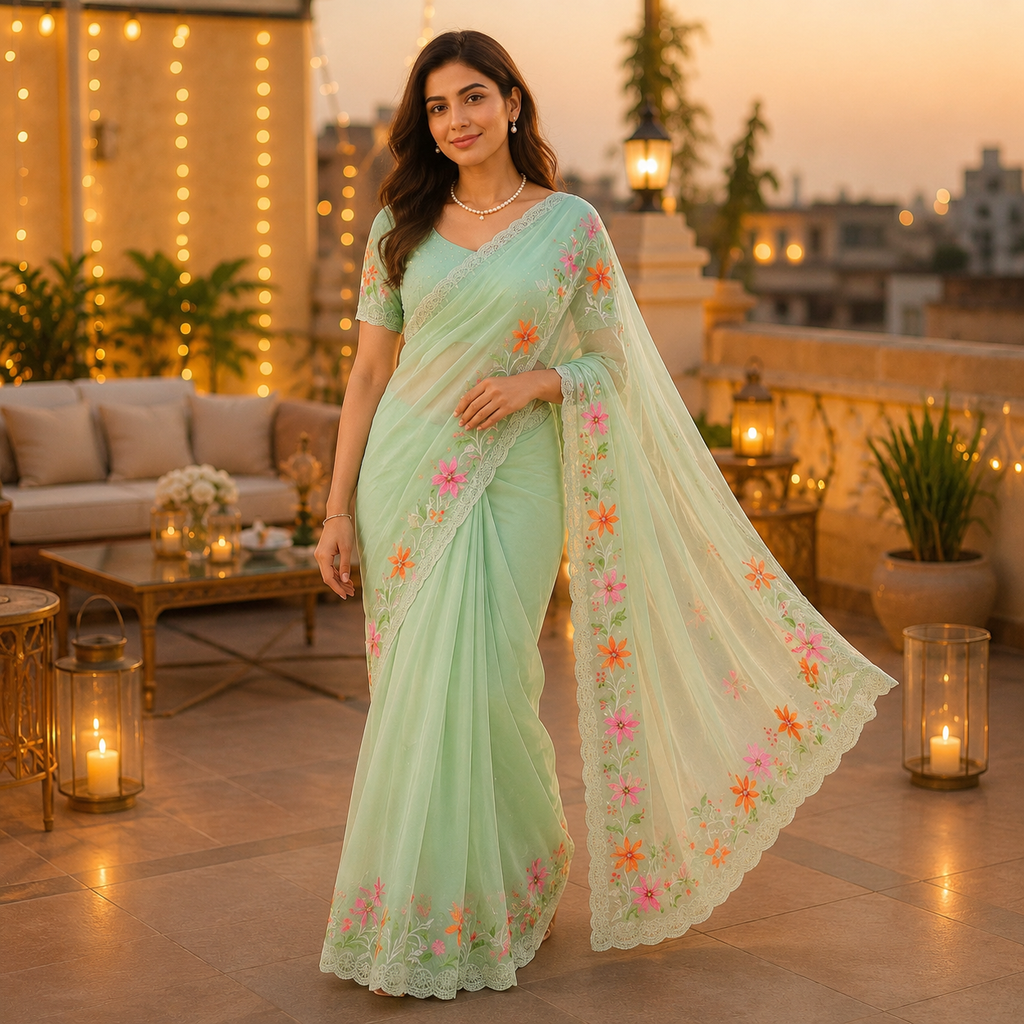Green Organza Saree With Pearl And Embroidery Work And Blouse – Elegant Party And Wedding Wear For Women