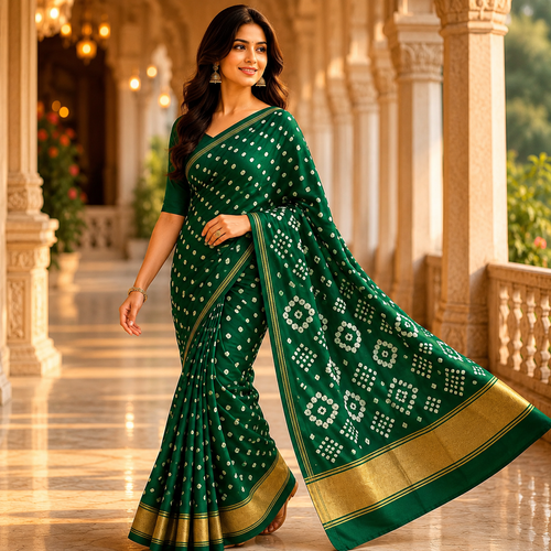 Green Gajji Silk Bandhani Saree With Blouse – A Handcrafted Symbol Of Grace And Heritage For Women