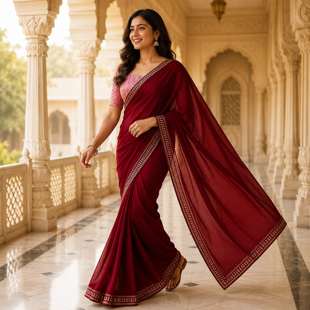 Maroon Georgette Saree With Readymade Blouse – Designer Look For Women