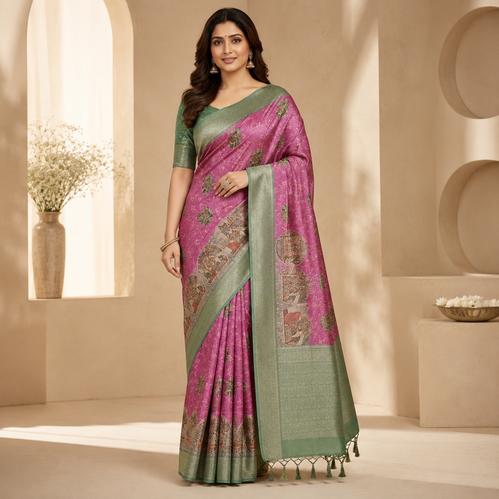 Pink & Sage Green Traditional Printed Saree with Artistic Pallu