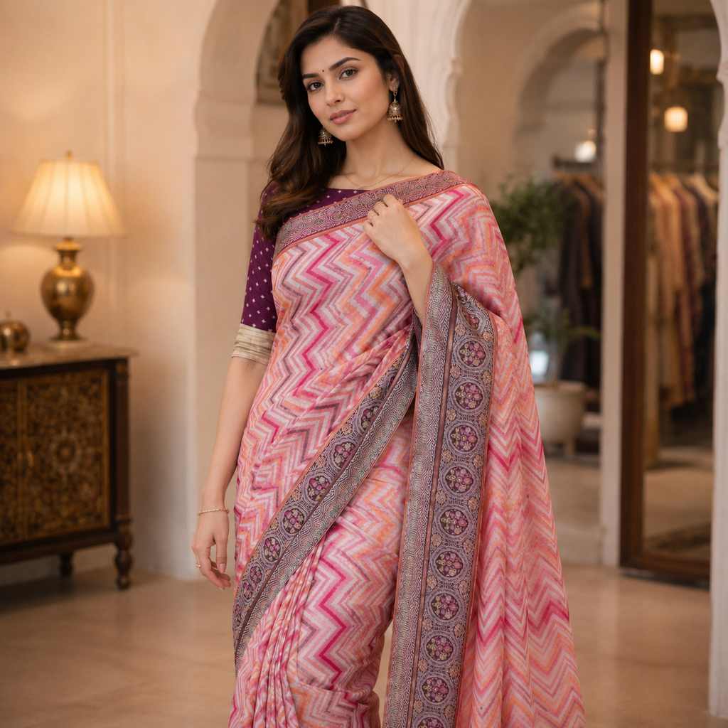 Pink Banarasi Kora Silk Saree With Chevron Weave And Antique Zari Border For Women