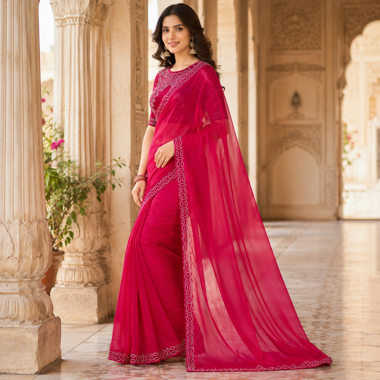 Pink Organza Saree With Velvet Blouse – Where Grace Meets Glamour For Women