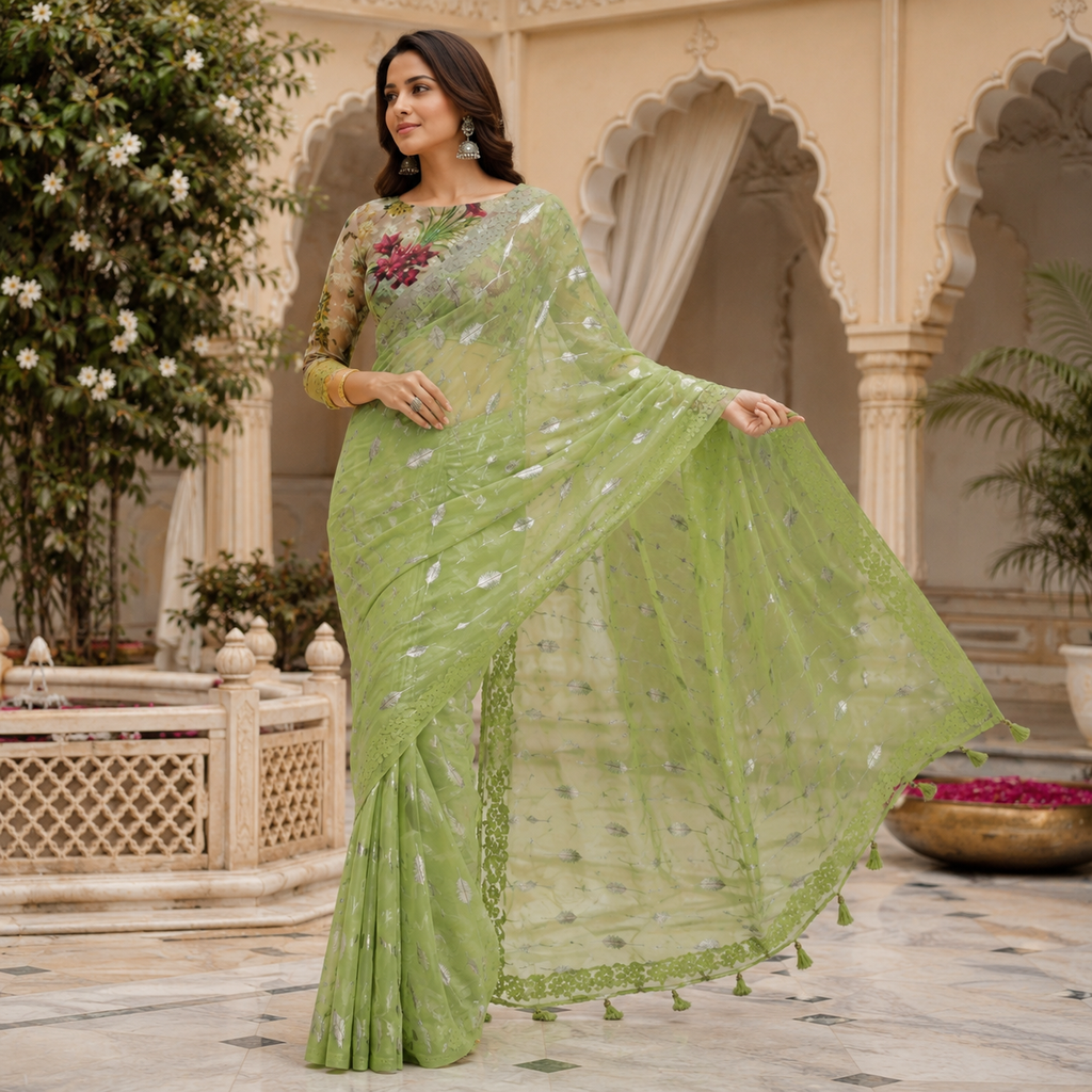 Light Green Chiffon Saree With Elegant Chikan Embroidered Blouse For Women