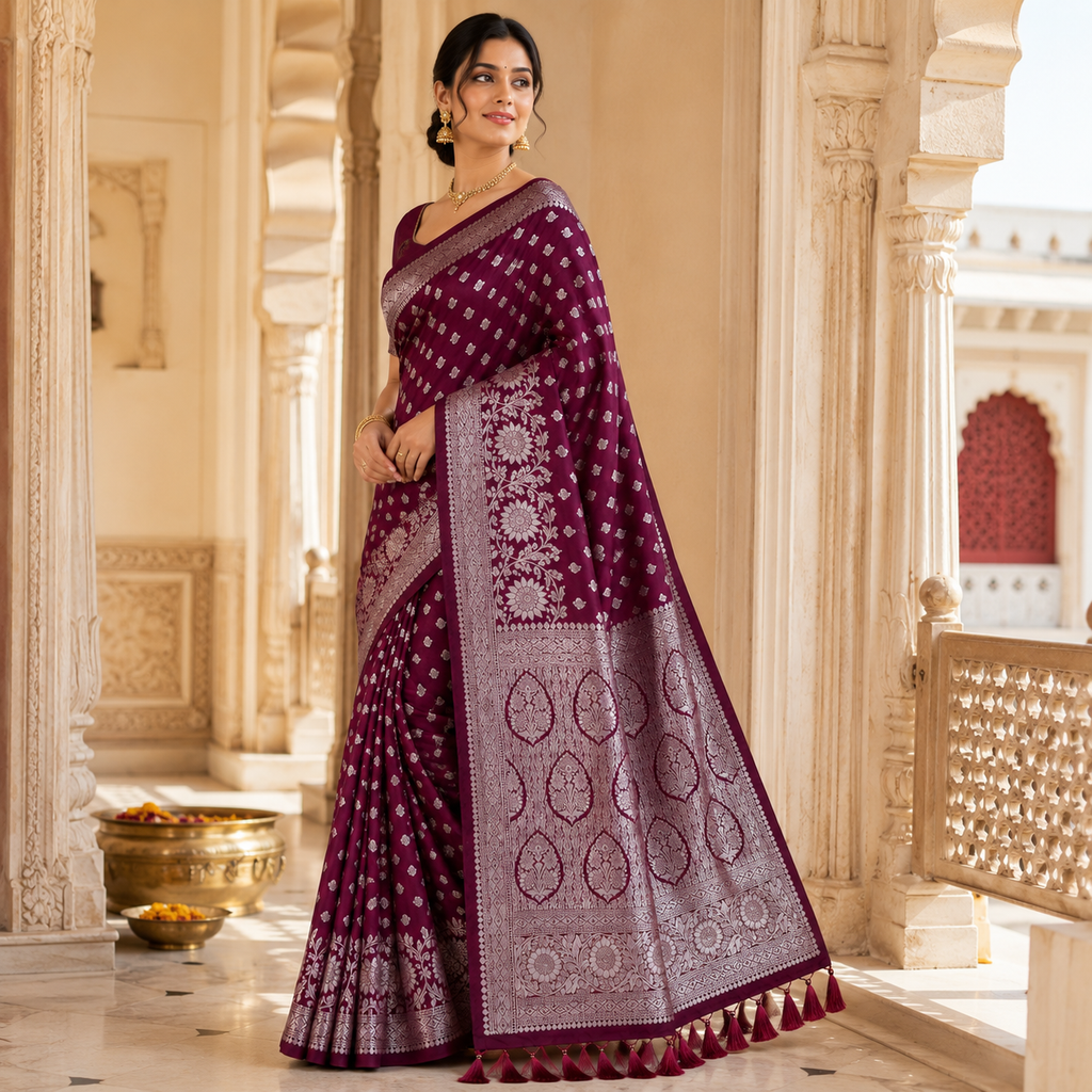 Maroon Pure Heavy Silk Saree With Blouse – Royal Wedding And Festive Wear For Women For Women