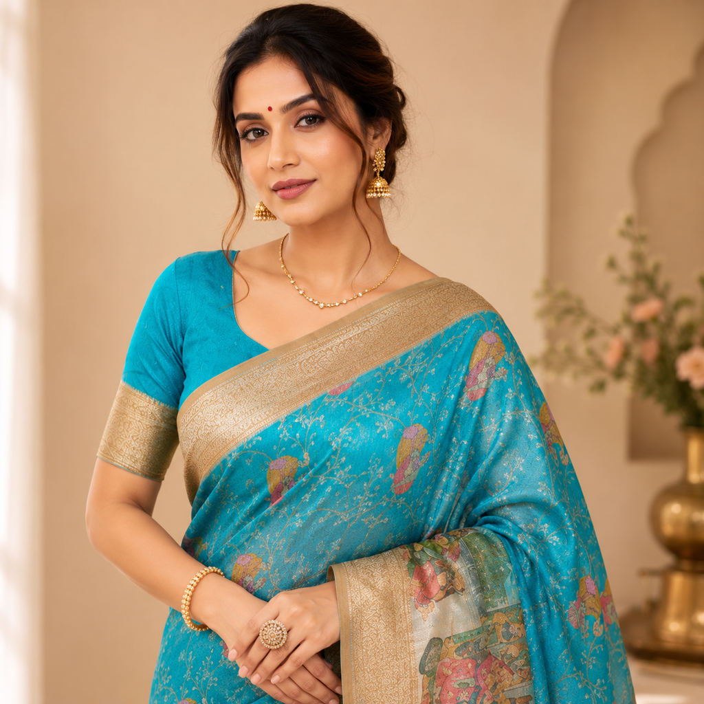 Turquoise Blue Floral Printed Organza Saree with Gold Zari Border & Tassel Pallu