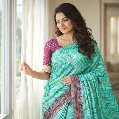 Aqua Green Banarasi Kora Silk Saree With Chevron Weave And Antique Zari Border For Women