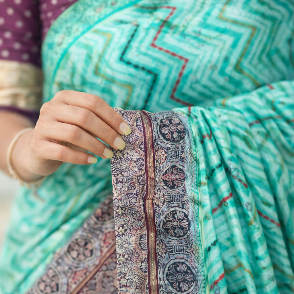 Aqua Green Banarasi Kora Silk Saree With Chevron Weave And Antique Zari Border For Women