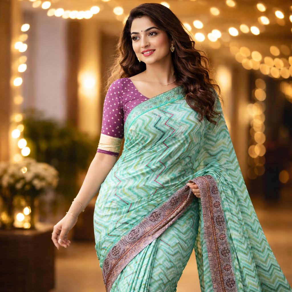 Aqua Green Banarasi Kora Silk Saree With Chevron Weave And Antique Zari Border For Women