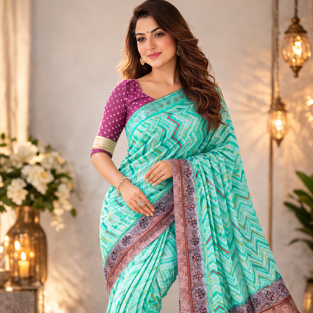 Aqua Green Banarasi Kora Silk Saree With Chevron Weave And Antique Zari Border For Women