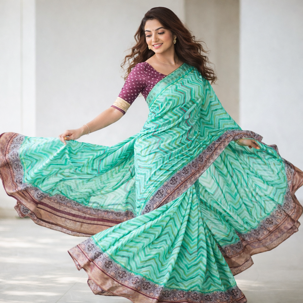 Aqua Green Banarasi Kora Silk Saree With Chevron Weave And Antique Zari Border For Women
