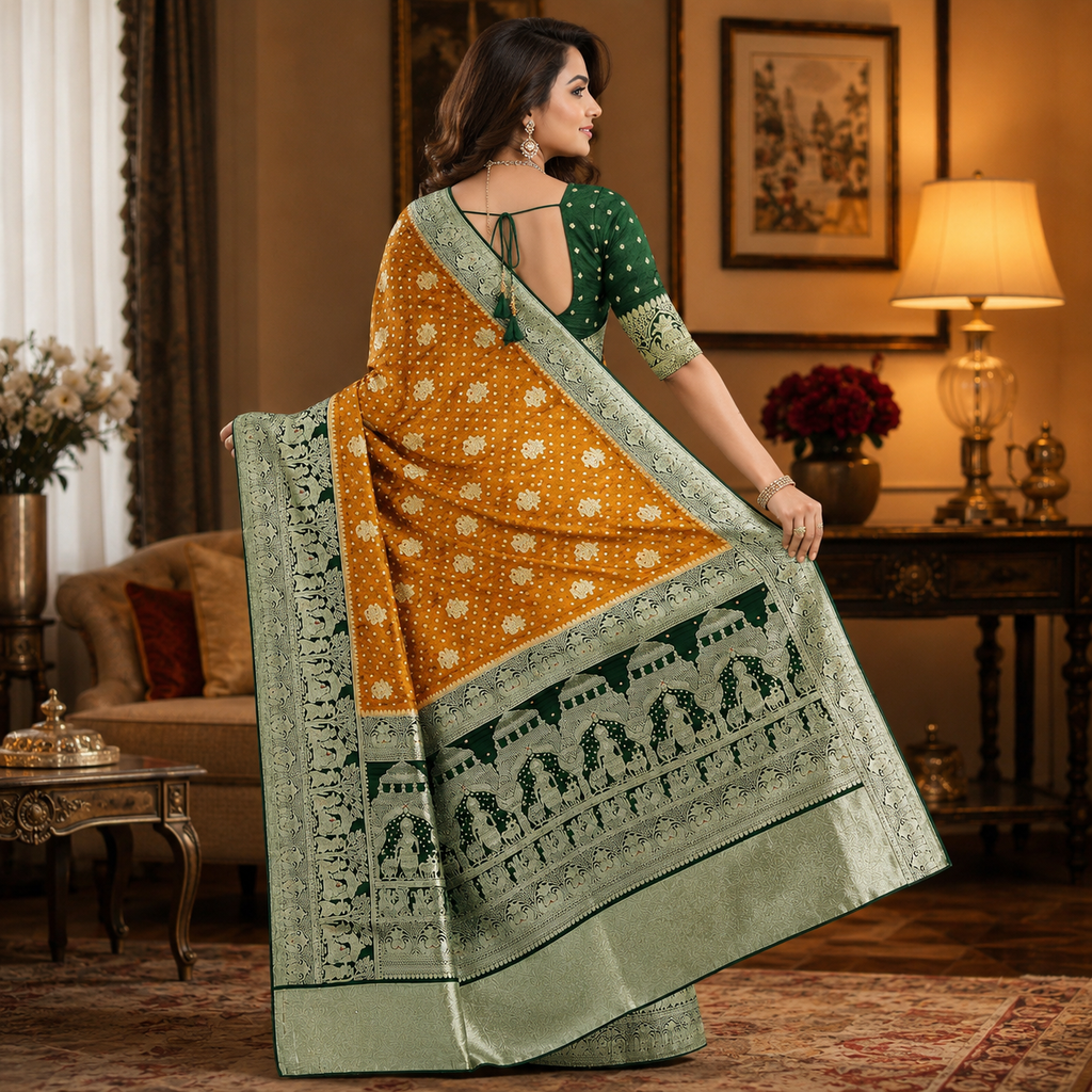 Green And Yellow Pure Heavy Kalash Satin Silk Saree With Blouse – Wedding And Festive Collection For Women