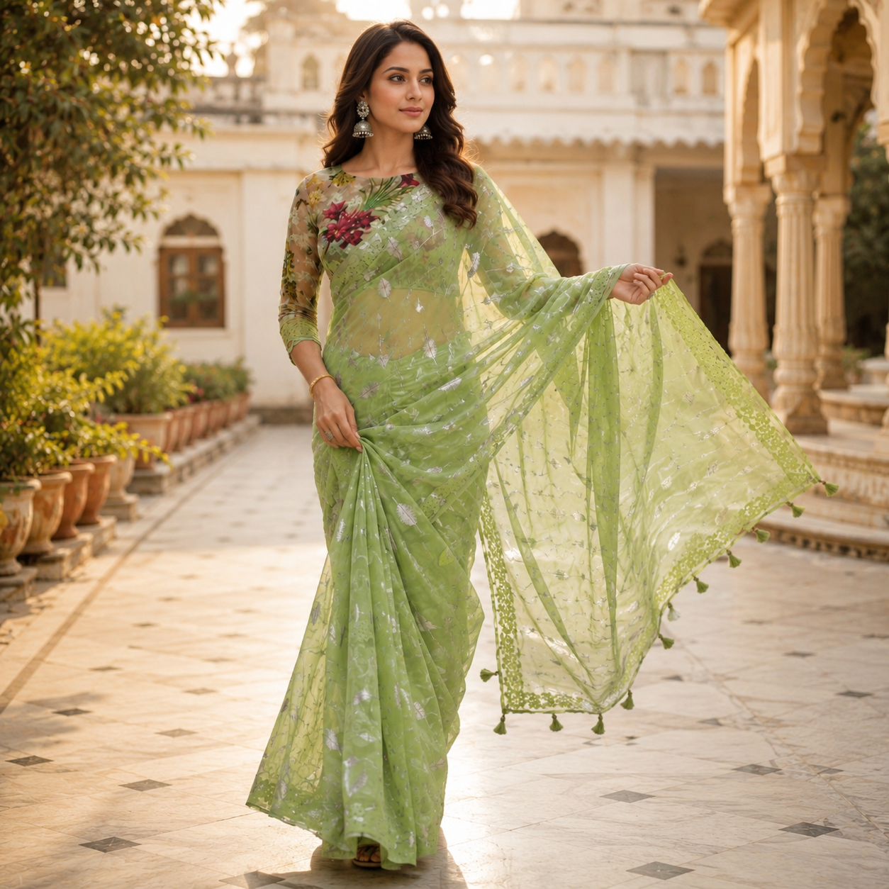 Light Green Chiffon Saree With Elegant Chikan Embroidered Blouse For Women