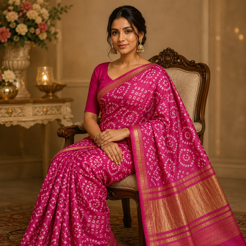 Pink Gajji Silk Bandhani Saree With Blouse – Handcrafted Elegance In Every Dot For Women