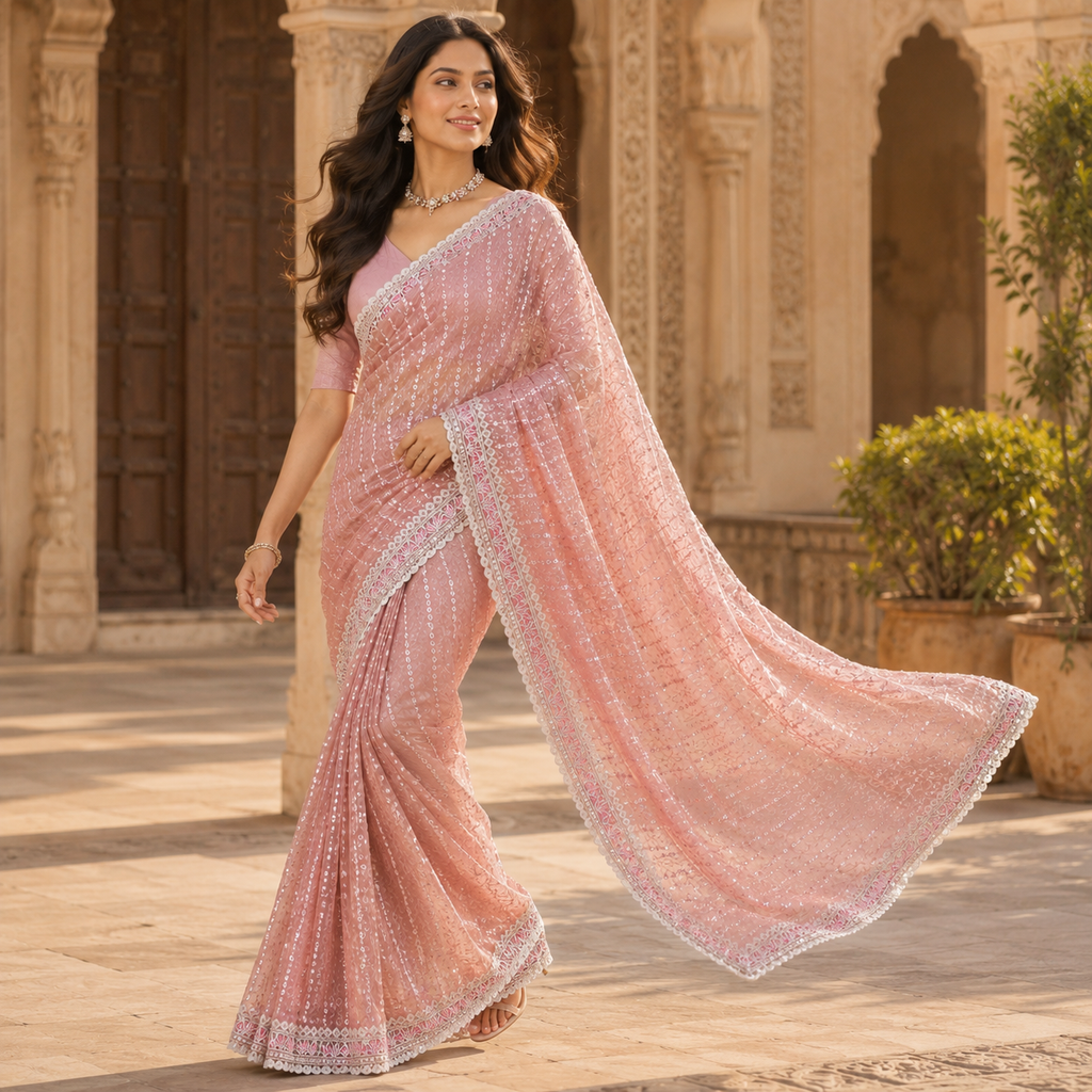 Peach Georgette Handwork Saree With Fancy Border – Where Subtle Luxury Meets Modern Grace For Women