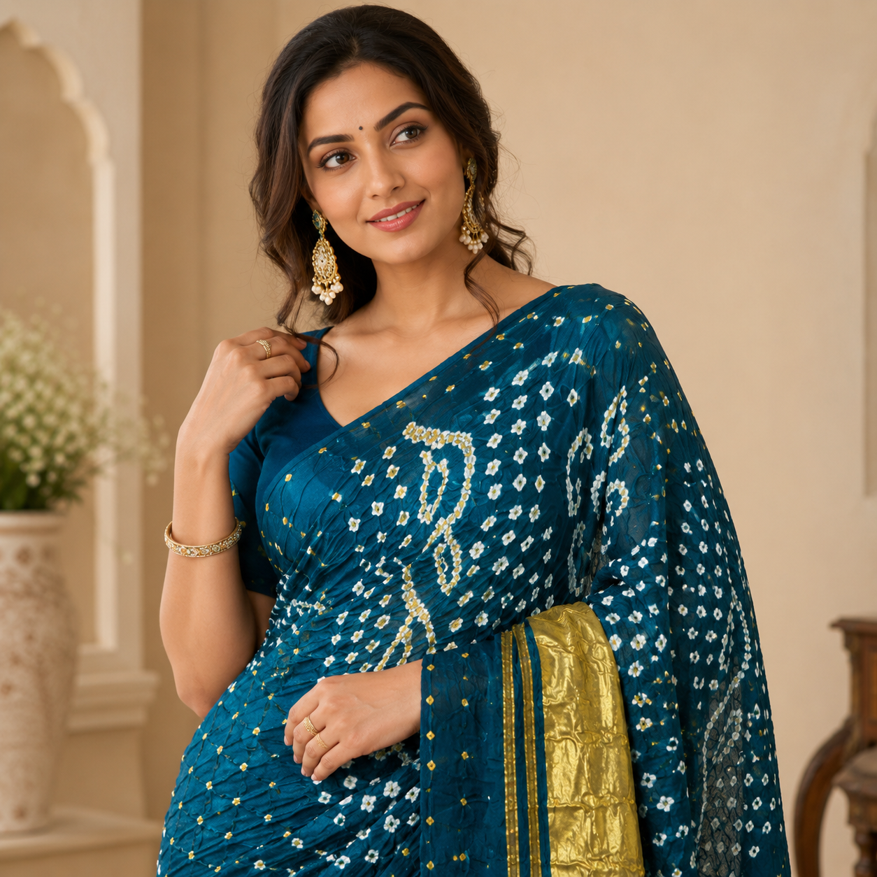 Teal Blue Bandhani Saree with Gold Pallu